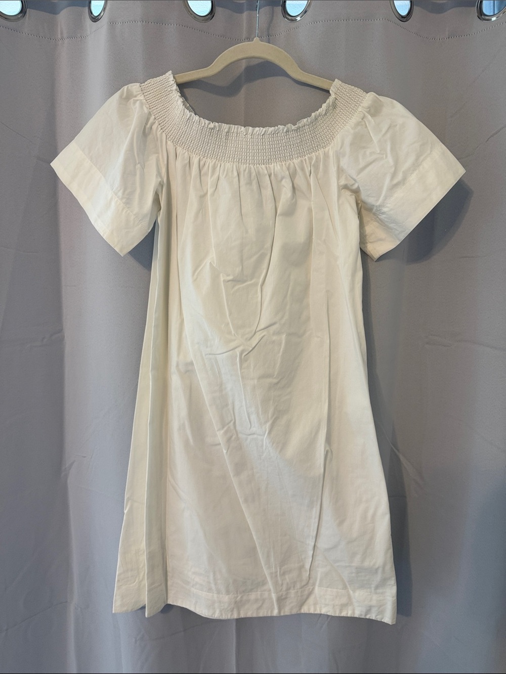 J. Crew White Smocked Off-Shoulder Mini Dress